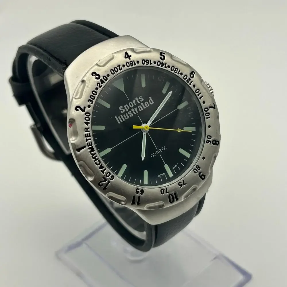 Sports Illustrated Silver Tone Rotating Bezel Black Leather Band Watch